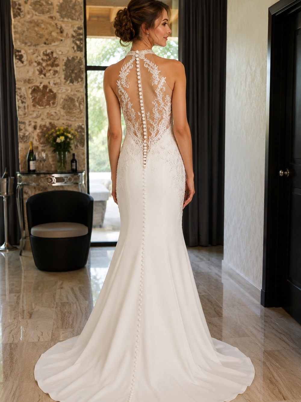 Elegant White Lace Halter Bridal Gown - Picture 3 of 17